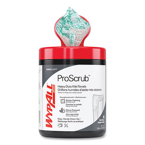 WypAll Power Clean ProScrub Pre-Saturated Wipes, 12 x 9.5, Citrus Scent, Green/White, 50/Canister, 8 Canisters/Carton (58310)