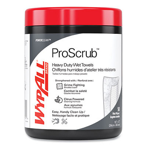 WypAll Power Clean ProScrub Pre-Saturated Wipes, 12 x 9.5, Citrus Scent, Green/White, 50/Canister, 8 Canisters/Carton (58310)