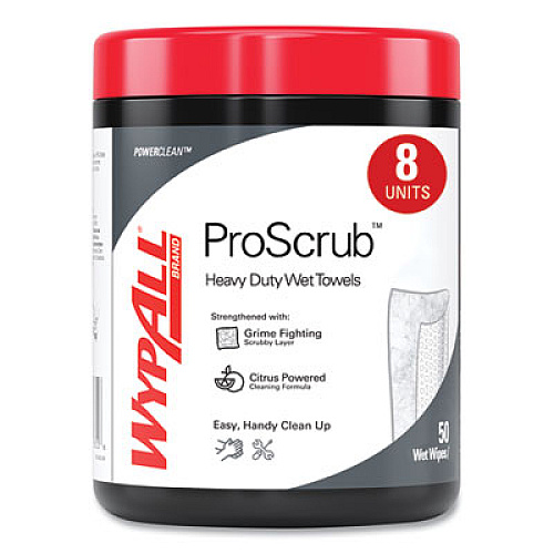 WypAll Power Clean ProScrub Pre-Saturated Wipes, 12 x 9.5, Citrus Scent, Green/White, 50/Canister, 8 Canisters/Carton (58310)