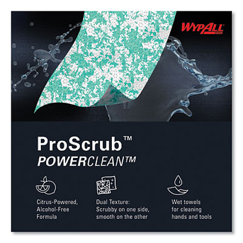 WypAll Power Clean ProScrub Pre-Saturated Wipes, 12 x 9.5, Citrus Scent, Green/White, 50/Canister, 8 Canisters/Carton (58310)