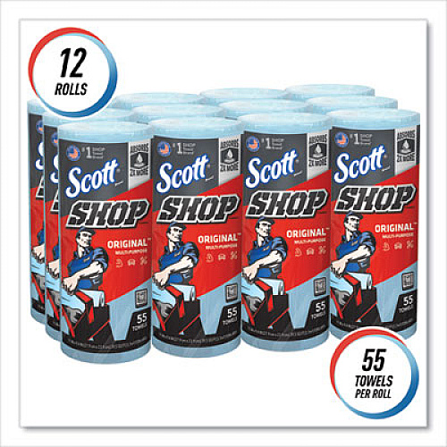 Scott Shop Towels, Standard Roll, 1-Ply, 9.4 x 11, Blue, 55/Roll, 12 Rolls/Carton (75147)