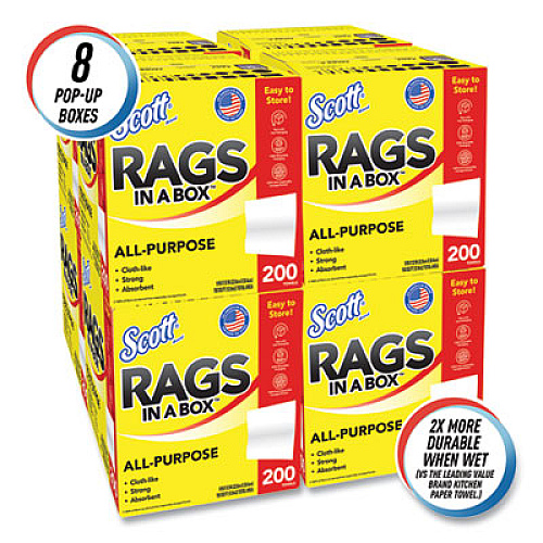 Scott Rags in a Box, POP-UP Box, 12 x 9, White, 200/Box, 8 Boxes/Carton (75260CT)