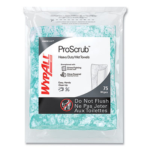 WypAll Power Clean ProScrub Pre-Saturated Wipes, 12 x 9.5, Citrus Scent, Green, 75/Pack, 6 Packs/Carton (91367CT)