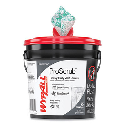 WypAll Power Clean ProScrub Pre-Saturated Wipes, 9.5 x 12, Citrus Scent, Green, 75/Bucket, 6 Buckets/Carton (91371CT)