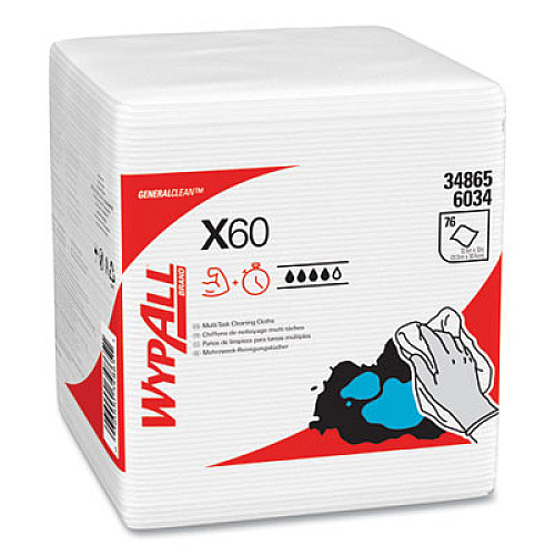 WypAll General Clean X60 Cloths, 1/4 Fold, 12.5 x 13, White, 76/Box, 12 Boxes/Carton (34865)