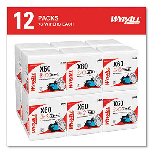 WypAll General Clean X60 Cloths, 1/4 Fold, 12.5 x 13, White, 76/Box, 12 Boxes/Carton (34865)