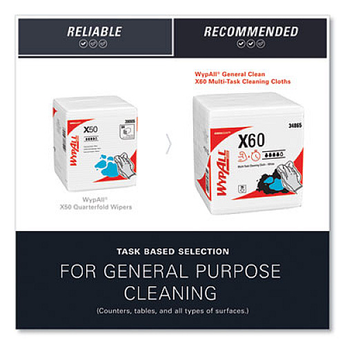 WypAll General Clean X60 Cloths, 1/4 Fold, 12.5 x 13, White, 76/Box, 12 Boxes/Carton (34865)