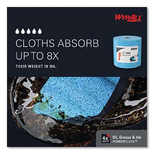 WypAll Power Clean Oil, Grease and Ink Cloths, Jumbo Roll, 9.8 x 12.2, Blue, 717/Roll (33241)