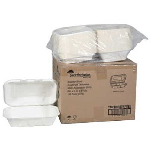 Pactiv Evergreen EarthChoice PFAS Free Compostable Hinged Lid Container, 9 x 6 x 3, Natural, Sugarcane, 150/Carton (YMCH0089PFFR)