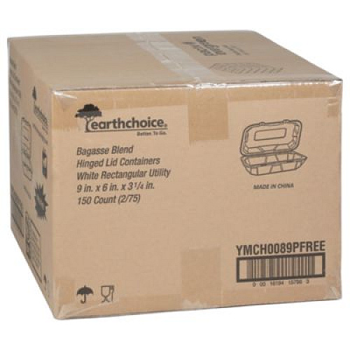 Pactiv Evergreen EarthChoice PFAS Free Compostable Hinged Lid Container, 9 x 6 x 3, Natural, Sugarcane, 150/Carton (YMCH0089PFFR)