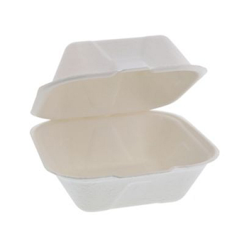 Pactiv Evergreen EarthChoice PFAS Free Compostable Hinged Lid Container, 6 x 6 x 3, Natural, Sugarcane, 500/Carton (YMCH0080PFFR)