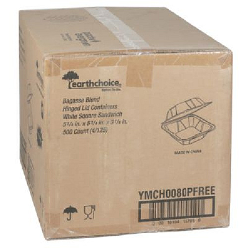 Pactiv Evergreen EarthChoice PFAS Free Compostable Hinged Lid Container, 6 x 6 x 3, Natural, Sugarcane, 500/Carton (YMCH0080PFFR)