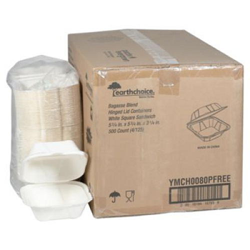 Pactiv Evergreen EarthChoice PFAS Free Compostable Hinged Lid Container, 6 x 6 x 3, Natural, Sugarcane, 500/Carton (YMCH0080PFFR)
