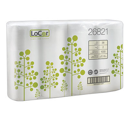 LoCor High-Capacity Bath Tissue, 2-Ply, White, 1,000 Sheets/Roll, 36 Rolls/Carton (26821)