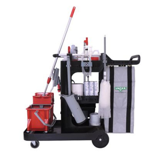 Unger RestroomRx Janitorial Carts with 16 Qt Bucket, Plastic, 2 Shelves, 23.5 x 19 x 25, Black (RRSPC)