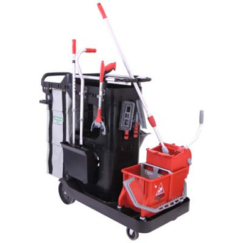 Unger RestroomRx Janitorial Carts with 16 Qt Bucket, Plastic, 2 Shelves, 23.5 x 19 x 25, Black (RRSPC)