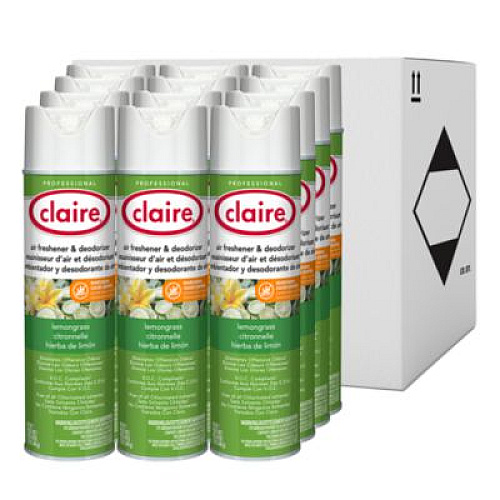 Claire Aerosol Air Freshener and Deodorizer, Lemongrass Citronella, 12 oz Aerosol Spray, 12 Cans (1307)