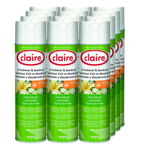 Claire Aerosol Air Freshener and Deodorizer, Lemongrass Citronella, 12 oz Aerosol Spray, 12 Cans (1307)