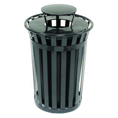 Global Industrial Outdoor Slatted Steel Trash Can, Rain Bonnet Lid, 36 gal, Black (260804BK)