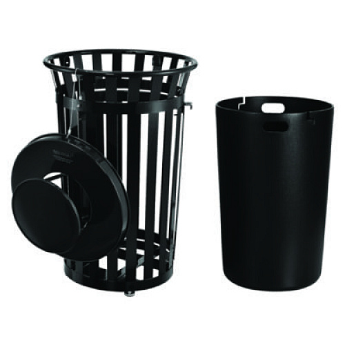 Global Industrial Outdoor Slatted Steel Trash Can, With Access Door and Rain Bonnet Lid, 36 gal, Black (261941BK)