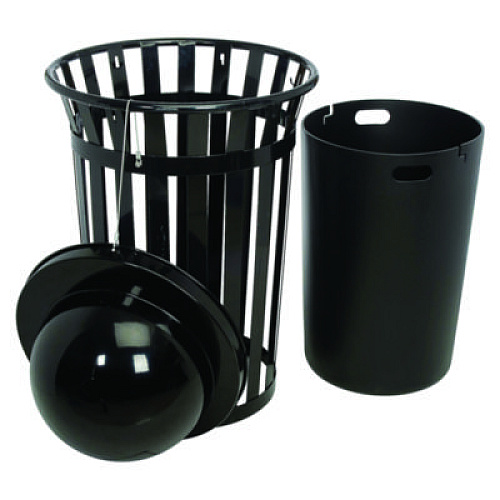 Global Industrial Outdoor Slatted Steel Trash Can, Dome Lid, 36 gal, Black (261944BK)