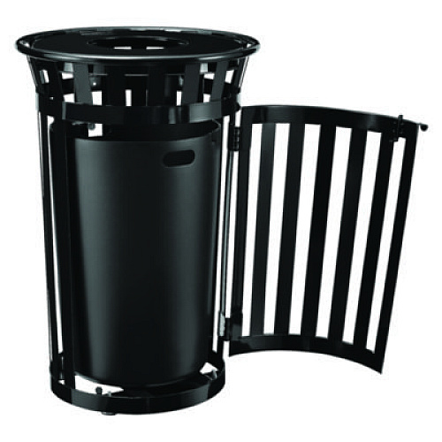 Global Industrial Outdoor Slatted Steel Trash Can, With Access Door, 36 gal, Steel Black (261940BK)