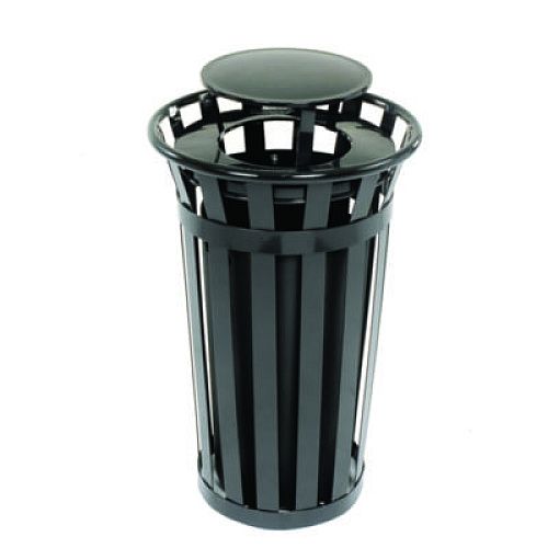Global Industrial Outdoor Slatted Steel Trash Can, Rain Bonnet Lid, 24 gal, Black (260803BK)
