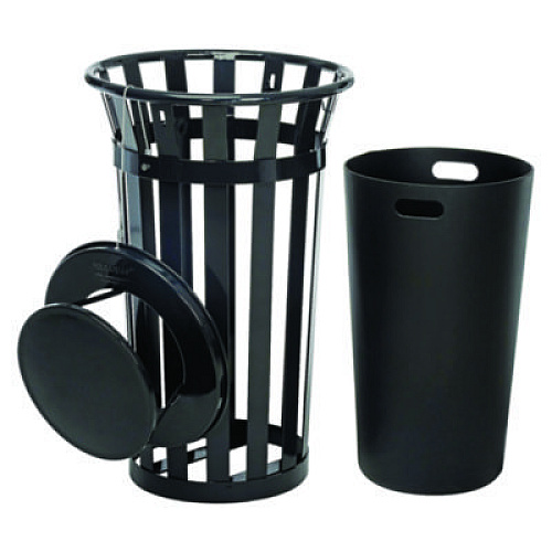 Global Industrial Outdoor Slatted Steel Trash Can, Rain Bonnet Lid, 24 gal, Black (260803BK)