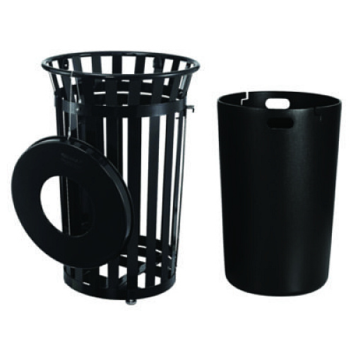 Global Industrial Outdoor Slatted Steel Trash Can, With Access Door, 36 gal, Steel Black (261940BK)