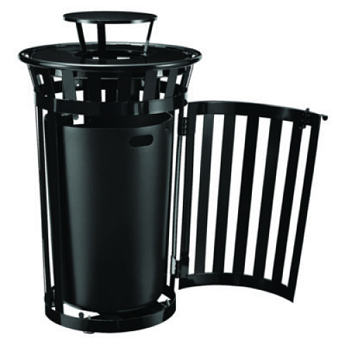 Global Industrial Outdoor Slatted Steel Trash Can, With Access Door and Rain Bonnet Lid, 36 gal, Black (261941BK)