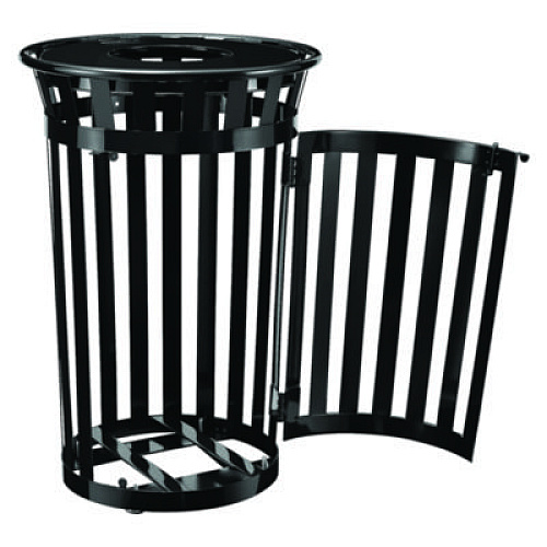 Global Industrial Outdoor Slatted Steel Trash Can, With Access Door, 36 gal, Steel Black (261940BK)
