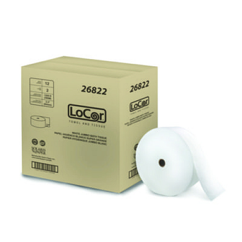 LoCor Jumbo Bath Tissue, 2-Ply, 3.3" x 1,200 ft, White, 12 Rolls/Carton (26822)
