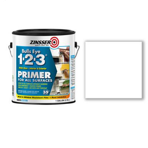 Zinsser Bulls Eye 1-2-3 Water-Base Primer, Interior/Exterior, Flat White, 1 gal Bucket/Pail, 4/Carton (2001CT)