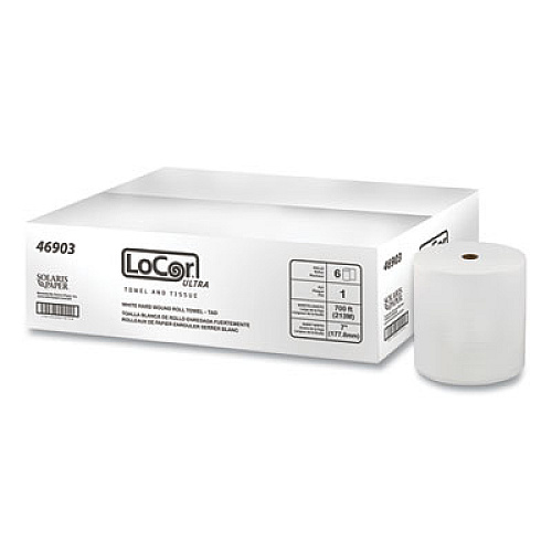 LoCor Hard Wound Roll Towel, TAD, 1-Ply, 7" x 700 ft, White, 6 Rolls/Carton (46903)