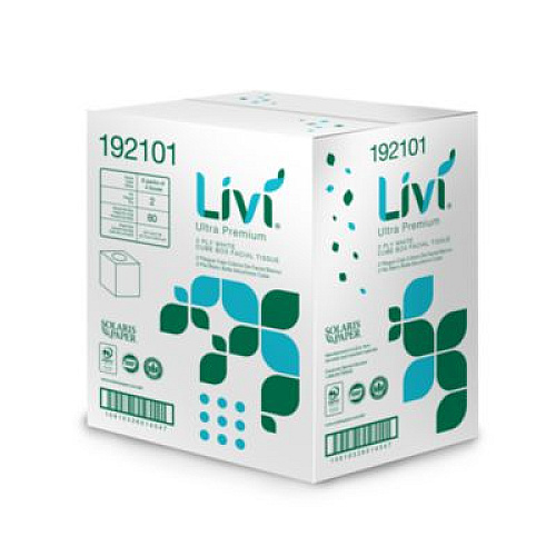 Livi Ultra Premium Facial Tissue, Cube Box, 2-Ply, White, 80 Sheets/Box, 4 Boxes/Pack, 6 Packs/Carton (192101)