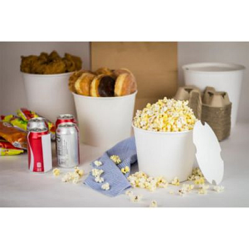 Karat Food Bucket with Lid, 85 oz, 7.36" Diameter x 6" h, White, Paper, 180/Carton (CFB85WBNDL)