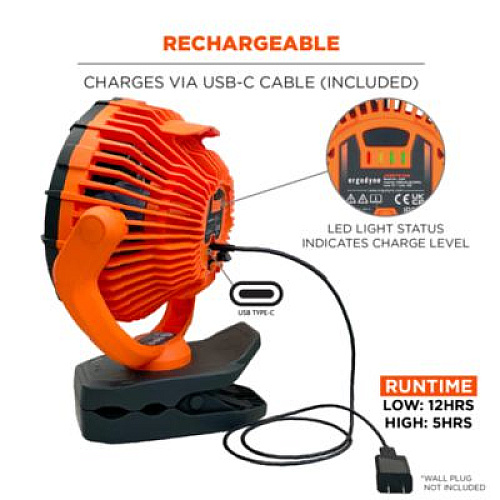 ergodyne Chill-Its 6090 Rechargeable Portable Jobsite Fan, 9.5", 2 Speeds, Orange/Black (12800)