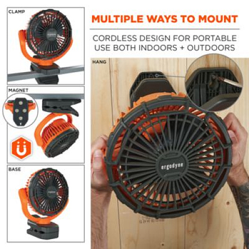 ergodyne Chill-Its 6090 Rechargeable Portable Jobsite Fan, 9.5", 2 Speeds, Orange/Black (12800)