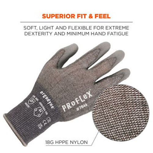 ergodyne ProFlex 7044 ANSI A4 PU Coated CR Gloves, EN388: 4X42D, 9" Long, X-Small, Gray, Pair (10491)