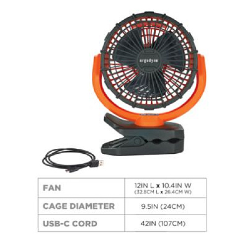 ergodyne Chill-Its 6090 Rechargeable Portable Jobsite Fan, 9.5", 2 Speeds, Orange/Black (12800)