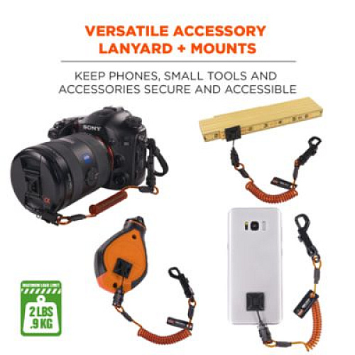 ergodyne Squids 3151 Coil Lanyard Swivel Hook/Detachable Loop, Mini Adhesive Mount, 2 lb Max Working Capacity, 12" Long, Black/Orange (19160)