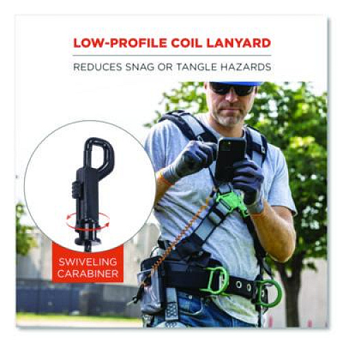 ergodyne Squids 3151 Coil Lanyard Swivel Hook/Detachable Loop, Mini Adhesive Mount, 2 lb Max Working Capacity, 12" Long, Black/Orange (19160)
