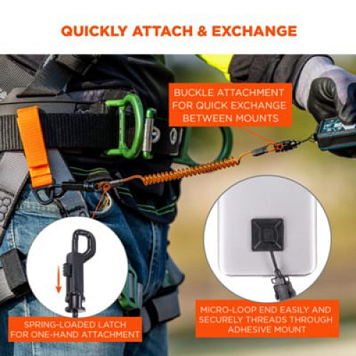 ergodyne Squids 3151 Coil Lanyard Swivel Hook/Detachable Loop, Mini Adhesive Mount, 2 lb Max Working Capacity, 12" Long, Black/Orange (19160)