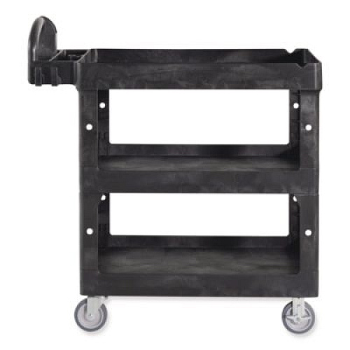 Rubbermaid Commercial BRUTE 3-Shelf Heavy-Duty Ergo Lipped Utility Cart, Resin, 3 Shelves, 600 lb Capacity, 25.24" x 44" x 47", Black (2196862)