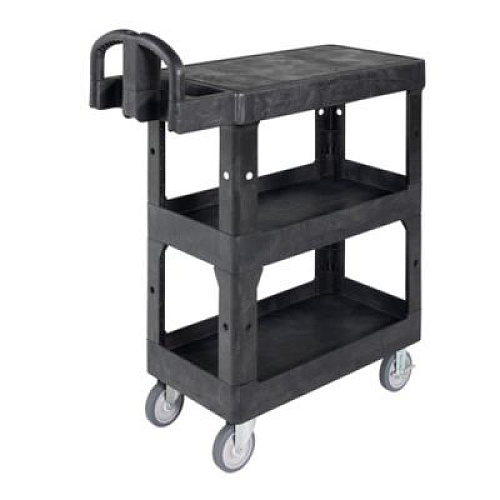 Rubbermaid Commercial BRUTE 3-Shelf Heavy-Duty Ergo Flat Utility Cart, Plastic, 3 Shelves, 600 lb Capacity, 25.24" x 48.63" x 46.18", Black (2203280)