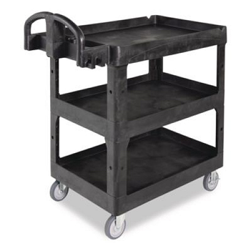 Rubbermaid Commercial BRUTE 3-Shelf Heavy-Duty Ergo Lipped Utility Cart, Resin, 3 Shelves, 600 lb Capacity, 25.24" x 44" x 47", Black (2196862)