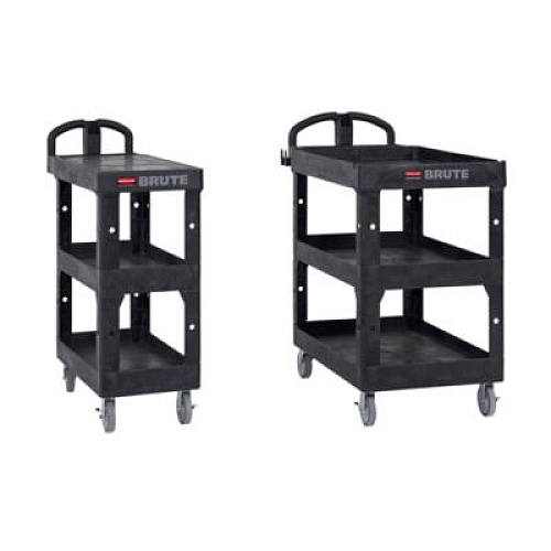 Rubbermaid Commercial BRUTE 3-Shelf Heavy-Duty Ergo Flat Utility Cart, Plastic, 3 Shelves, 600 lb Capacity, 25.24" x 48.63" x 46.18", Black (2203280)