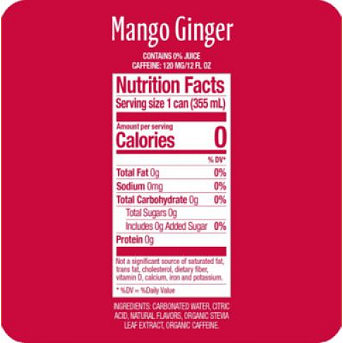 Zevia Zero Sugar Naturally Sweetened Energy Drink, Mango Ginger, 12 oz Can, 12/Carton (0195112)