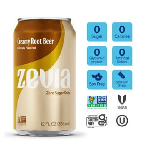 Zevia Zero Sugar Naturally Sweetened Soda, Creamy Root Beer, 12 oz Can, 12/Carton (0190512)