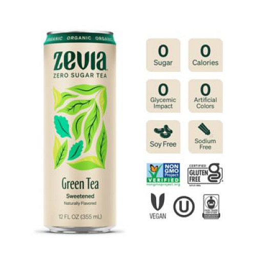 Zevia Zero Sugar Naturally Sweetened Green Tea, 12 oz Can, 12/Carton (0170612)